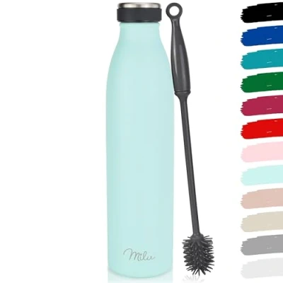 Abbildung von Milu Edelstahl Trinkflasche 350ml, 500ml, 750ml, 1L, 1.5L Thermosflasche, Isolierte Wasserflasche, Auslaufsichere Isolierflasche doppelwandig, Kohlensäure geeignet + Reinigungsbürste (Mint, 1.5L)