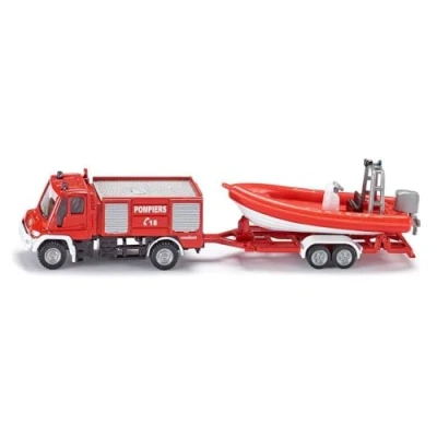 Abbildung von siku 1636001, Französischer Feuerwehr Unimog mit Boot, 1:87, Frankreich, Metall/Kunststoff, Rot, Französische Aufschrift Pompiers, Schwimmfähiges Boot