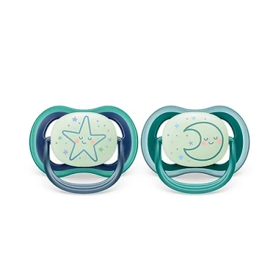 Abbildung von Philips AVENT ultra air Nighttime Schnuller 2er Pack, BPA freier, atmungsaktiver, im Dunkeln leuchtender für Babys von 6 18 Monaten, inklusive Transport und Sterilisationsbox, Sterne/Mond