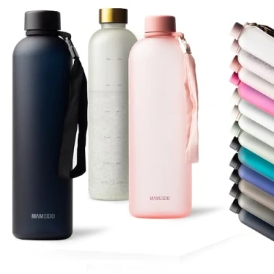 Abbildung von MAMEIDO Trinkflasche 1l Kohlensäure geeignet, auslaufsichere Water Bottle mit Zeitmarkierung, Wasserflasche BPA frei für Sport, Gym &amp; Büro (Rich Black, 1000ml)
