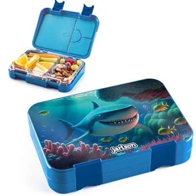 Abbildung von Jarlson® Brotdose für Kinder mit 6 Fächern TONI Lunchbox Bento Box auslaufsicher Jausenbox Kindergarten und Schule Mädchen Jungen Brotbox Snackbox (Haie)