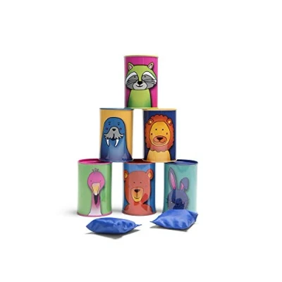 Abbildung von BS Toys Dosenwerfen Spielzeug für Draußen / Outdoor ab 3 jahre Wurfspiel Kinder Kinderspiele mit Tierischen Blechdosen und 2 Wurfsäcke Einheitsgröße