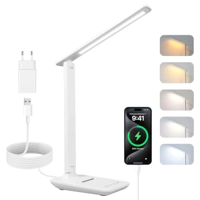 Abbildung von Carehabi Schreibtischlampe LED, Dimmbare Tischleuchte, LED Tischlampe mit 5 Farben und Helligkeitsstufen, Leselampemit USB Ladeanschluss Touch Steuerung für Kinder, Schlafzimmer, Lektüre, Büros