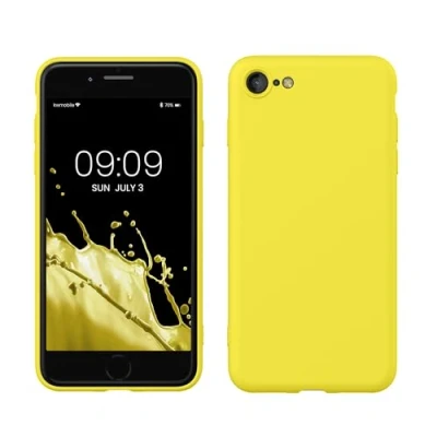 Abbildung von kwmobile Hülle kompatibel mit Apple iPhone SE (2022) / (2020) 8 7 gummierte TPU Silikon Handyhülle Schutzhülle für kabelloses Laden Case in Strahlend Gelb