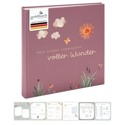 Abbildung von goldbuch 15 511 Babyalbum voller Wunder Wiese mit Blumen Motiv, Leinenstruktur Fotoalbum 58 weißen Blankoseiten, Pergamin &amp; 4 illustrierte Seiten, Baby Album, Papier, ca. 30 x 31 cm, Altrosa
