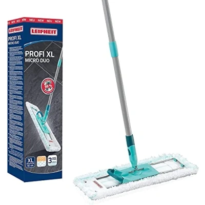 Abbildung von Leifheit rückenschonender Bodenwischer Profi XL micro Duo, Stahlstiel 146cm, Wischmopp mit Fußklick, Mikrofaser Bezug für Fliesen und Laminat, 360 Drehgelenk, Click System, umweltfreundlicher Karton