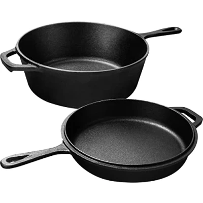 Abbildung von KICHLY Vorgewürzter Dutch Oven Feuertopf Duale Funktion Bräter Gusseisen Topf Gusseisenpfanne für Herd &amp; Camping, den Außen Innenbereich 3L/3.2 Quart Koch set (2 in 1)