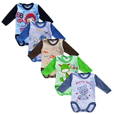 Abbildung von MEA Baby Unisex Langarm Body aus 100% Baumwolle im 5er Pack, mit Aufdruck, für Mädchen, Jungen. (62, Jungen)