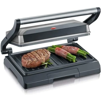Abbildung von SEVERIN Kontaktgrill für Sandwiches, Steak und als Panini Grill, antihaftbeschichteter Sandwich Maker fettfreies Grillen, 800 W, metallic grau/schwarz, KG 2394