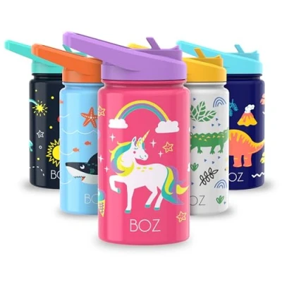 Abbildung von BOZ Kinder Trinkflasche Kohlensäure Geeignet Auslaufsichere Edelstahl Schule mit Strohalm Mädchen Eihorn 400 ml