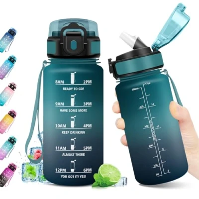 Abbildung von Wasserflasche 500ml, Kohlensäure Geeignet, Trinkflasche mit Strohhalm, Sport Auslaufsicher Zeitmarkierung, BPA frei, Ideal für Outdoor, Fitness, Schule, Büro, Erwachsene, Fahrrad