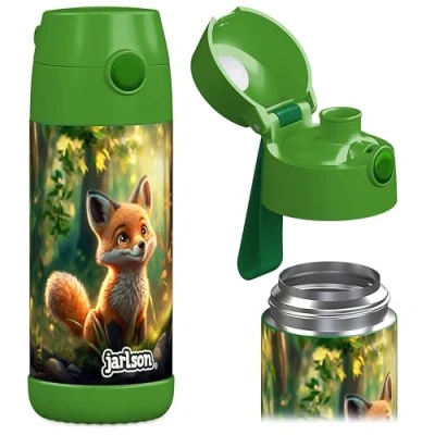 Abbildung von JARLSON® Trinkflasche Kinder &quot;MALI&quot; Thermo Edelstahl Wasserflasche BPA frei auslaufsicher Kinderflasche mit Chug Deckel Flasche für Schule, Kindergarten Fuchs, 350 ml