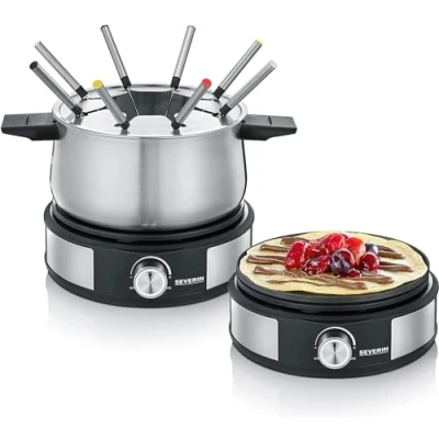 Abbildung von SEVERIN Fondue Crêpes Kombination, spülmaschinengeeignetes Fondueset mit 8 farblich markierten Gabeln, Maker Kombi aus Edelstahl, schwarz, FO 2471
