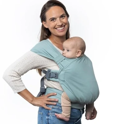 Abbildung von Boba Bliss Babytrage Neugeborene ab Geburt bis 15 kg 2 in 1 Baby Carrier &amp; Tragetuch Ohne Binden Knoten, Hüftfreundliche Geburt, Weiche elastische Trage (Sea Mist)