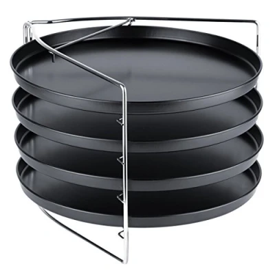 Abbildung von Grizzly Pizza Backset, 5 teilig, mit feststellbarer Standhalterung und 4x Pizzablech rund 28 cm, Pizzagestell für Backofen 4 Pizzen gleichzeitig backen