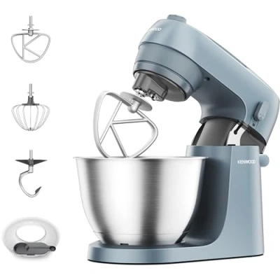 Abbildung von Kenwood Go Küchenmaschine KZM35.000GY, platzsparend, inkl. 4 Liter Schüssel, K Haken, Ballonschneebesen, Knethaken, Spritzschutz &amp; Messlöffel, Metallgehäuse mit Tragegriff, 800W, Blau