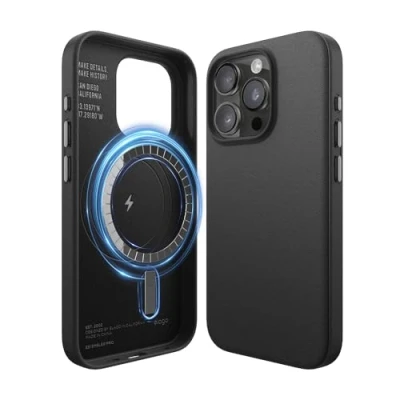 Abbildung von elago Magnetische Lederhülle Kompatibel mit iPhone 15 Pro Hülle, MagSafe, Premium Veganes PU Leder, Integrierte Starke Magnete, Rundumschutz [5 Lagen Struktur] (Schwarz)