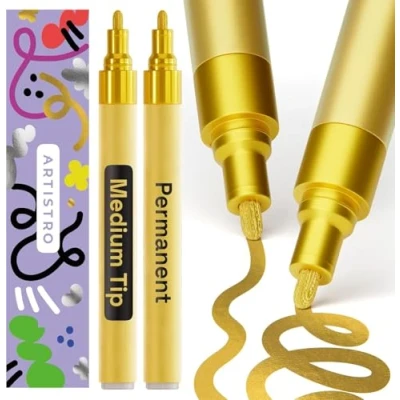 Abbildung von Artistro Permanent Marker Gold 2 Stück Acrylstifte Wasserfest Filzstift mit 3 mm Spitze, Schnell Trocknender Glanzlackmarker für Textil, Stein, Keramik, Glas, Holz, Metall, Karton
