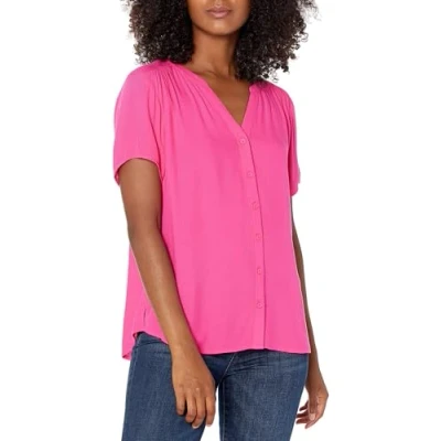 Abbildung von Amazon Essentials Damen Kurzärmlige Webbluse Mit Lockerer Passform, Intensive Rosa, XL