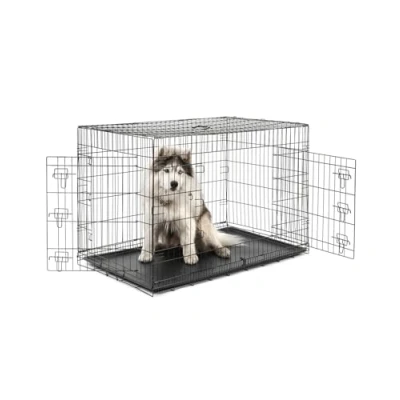 Abbildung von lionto Tiertransportbox für Hunde und Katzen, vielseitiger Transportkäfig mit hygienischer Kunststoffwanne, 122x75x81 cm, Hundebox aus Metall stabilen Sicherheitsverschlüssen &amp; Trennwand, schwarz