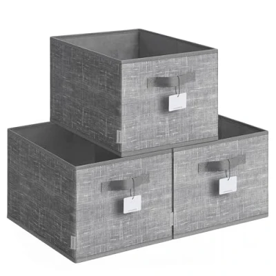 Abbildung von SONGMICS Aufbewahrungsbox 3er Set, zusammenklappbar, Stoffboxen aufbewahren, 40 x 30 24 cm, für Kleiderschrank, 2 Griffe, Etikette, Schlafzimmer Wohnzimmer, schilfgrau ROB440G01