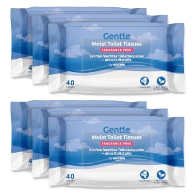 Abbildung von by Amazon Sanfte, feuchte Toilettentücher, geruchlos, fein bis spülend, Unparfümiert, 240 Stück (6 Packungen mit je 40 Stück) (Früher Marke Presto!)