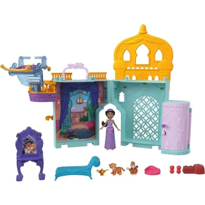 Abbildung von Disney Prinzessin Jasmins Stapelschloss Puppenhaus Spielset mit kleiner Puppe, 2 Freunden und 8 Teilen, inspiriert vom Film Aladdin, JDP56, [Mehrfarbig]