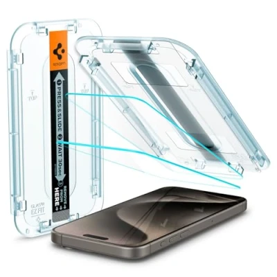 Abbildung von Spigen Glas.tR EZ Fit Schutzfolie kompatibel mit iPhone 15 Pro Max, 2 Stück, Kratzfest, 9H Härte Folie