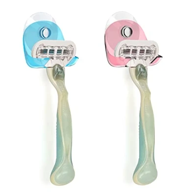 Abbildung von kwmobile 2x Saugnapf Halterung für Rasierer Glas und Fliesen Nassrasierer Halter Set Wand Haken in Rot Hellblau Transparent