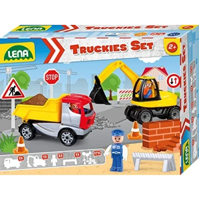 Abbildung von Lena 01631 Truckies Set Baustelle 23 teilig, Inhalt: Muldenkipper LKW ca. 22 cm, Bagger ca, 25 3 Spielfiguren und 17 Verkehrsschilder &amp; Pylone, Baufahrzeuge Figuren für Kinder ab 2 Jahren
