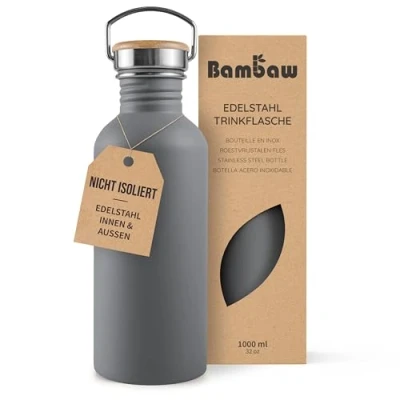 Abbildung von Bambaw Trinkflasche 1l Edelstahl, Nicht isolierte Grau, Ohne Plastik, Edelstahl Spülmaschinenfest Anthrazit