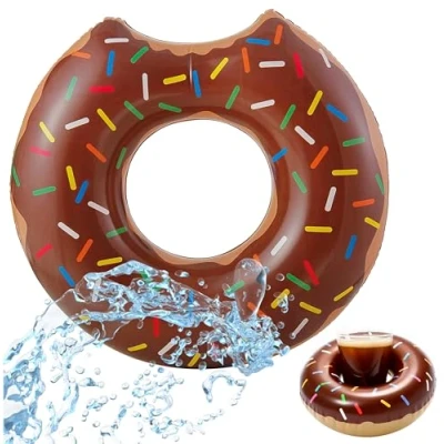 Abbildung von Aufblasbar Donut Schwimmring braun Ø 120 cm mit Biss Schwimmreifen Pool &amp; Wasser, je Getränkehalter für Erwachsene Kinder