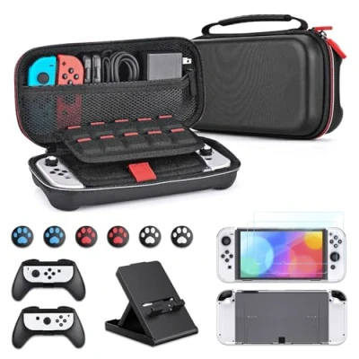 Abbildung von Younik Switch OLED Zubehör Bundle 15 in 1 Zubehörset mit Tragetasche inklusive 29 Stück Kartenfächer, steuerbare Ständer, 2 Bildschirmschutz, Griffe &amp; TPU Schutzhüllen
