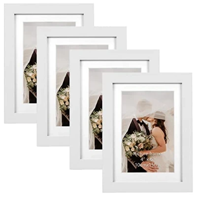 Abbildung von EXYGLO 4er Set Bilderrahmen 10x15 cm mit Passepartout oder 13x18 ohne Passepartout, Elegante Fotorahmen weißen Holzmaserungsrahmen, Wand Tischaufsteller