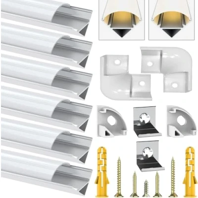 Abbildung von Chesbung LED Profil 6x1m, V Form Stripe Aluminium Kanal für Streifen/Stripe bis 12 mm inkl, Leiste Diffusor Profile mit Milchig Weißer Abdeckung, Endkappen, Montageclips und 45 Grad Eckverbindern