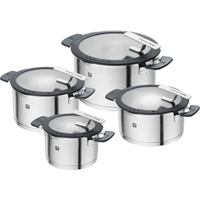 Abbildung von ZWILLING Simplify Edelstahl Kochtopfset, 4 teilig, Mit integriertem Sieb im Deckel, Induktionsgeeignet, Silber Schwarz
