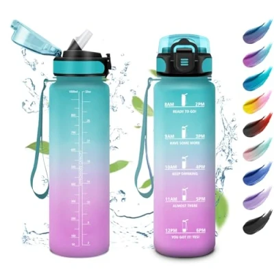 Abbildung von Trinkflasche Auslaufsicher 1L, Wasserflasche Kohlensäure Geeignet, Sport mit Zeitmarkierung, Strohhalm, Sportflasche für Gym, Schule, Büro, Camping, Fahrrad, Gym