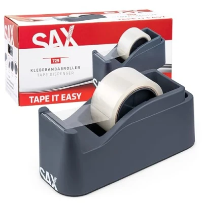 Abbildung von SAX Tape it Easy XXL Einhand Klebeband Abroller extra Schwer für 1x 50mm Band oder 2x 25mm Band, Paketbandabroller mit Stiftehalter Funktion, rutschfest, inkl. doppelseitige Klinge, Anthrazit