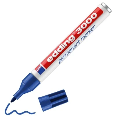 Abbildung von edding 3000 Permanentmarker blau 1 Stift Rund Spitze 1,5 3 mm schnell trocknender Permanent Marker wasserfest, wischfest für Karton, Kunststoff, Holz, Metall Universalmarker