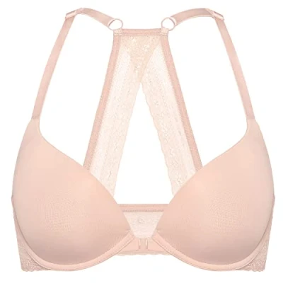 Abbildung von DOBREVA Damen Vorderverschluss Push Up BH mit Bügel Soft T Shirt Tiefen Ausschnitt BHS Neckholder Gepolsterter Blush Beige 75A