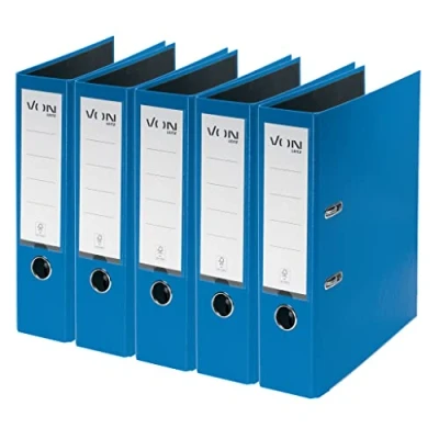 Abbildung von VON Leitz 5er Pack Ordner A4, Karton mit Kunststoffeinband, 80 mm Rückenbreite, Für 600 Blatt, FSC zertifizierter Karton, Schule, Studium &amp; Haushalt, Blau, 10551035