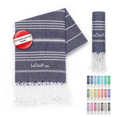 Abbildung von LeStoff Premium Hamamtuch 100% Bio Baumwolle Vorgewaschen, Nachhaltig, Saugstark &amp; Schnelltrocknend Strand, Bade, Dusch, Yoga, Spa Reise Tuch (50 x 100 cm, Navy)