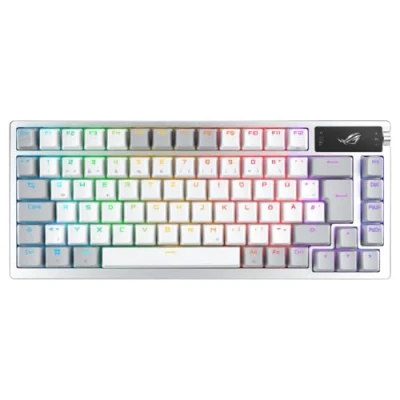 Abbildung von ASUS ROG Azoth White RGB Gaming Tastatur (QWERTZ Layout, 75% Tastaturformfaktor, mechanische NX Switches, OLED Display, Wireless mit Bluetooth, 2,4 GHz RF, USB, Windows und MacOS Modus, weiß)