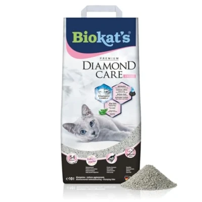 Abbildung von Biokat&#039;s Diamond Care Fresh Katzenstreu mit Babypuder Duft Feine Klumpstreu aus Bentonit Aktivkohle und Aloe Vera 1 Sack (1 x 10 L)