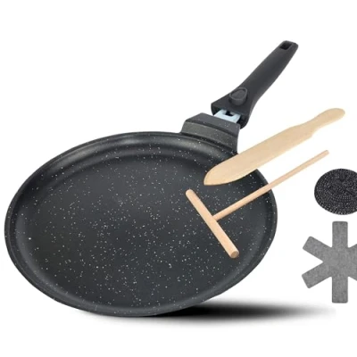 Abbildung von DIVORY Crepe Pfanne Induktion 28 cm, Pfannkuchenpfanne mit Teigverteiler &amp; Holzschaufel, Omlettpfanne Induktion, flache beschichtete Pfannkuchen, Pizza Bratpfanne