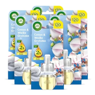 Abbildung von Air Wick Duftstecker Nachfüller Duft: Cotton und Weiße Orchidee Frischer Raumduft für die Steckdose 6x 19ml Duftölflakon