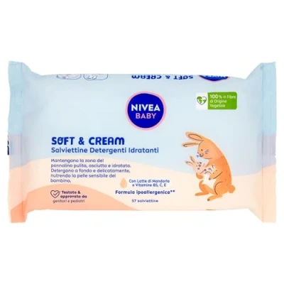 Abbildung von NIVEA Baby, feuchtigkeitsspendende Reinigungstücher Soft &amp; Creme, 57 Stück, für saubere, trockene und hydratisierte Haut, Babytücher mit Mandelmilch Vitaminen B5, C E