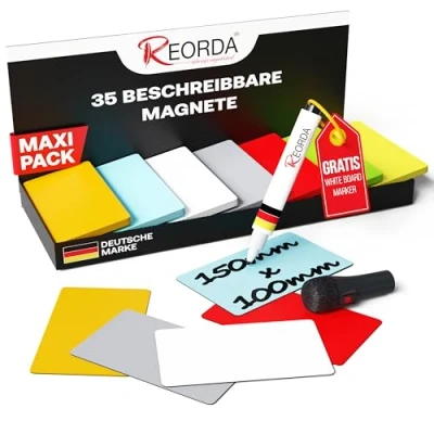 Abbildung von Reorda® Magnetstreifen beschreibbar I 35 Stück 10x15cm, 7 Farben (+ Stift) Wiederbeschreibbar, beschreibbare Magnete für Whiteboard, Kanban, Magnettafel beschriftbare den Kühlschrank