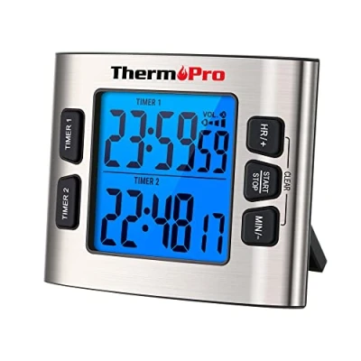 Abbildung von ThermoPro TM02 digitaler Küchentimer mit 2 Countdown Stoppuhren Timer/Magnetuhr einstellbarem lautem Alarm und Hintergrundbeleucht großen LCD Ziffern/24 Stunden Anzeige für Kinder Lehrer