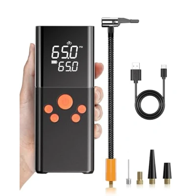 Abbildung von HENMI Tragbar Fahrrad Elektrische Luftpumpe, 150PSI (10,3 Bar) 6000mAh Fahrradpumpe 5 Modus Akku Kompressor mit Digitalanzeige Manometer für Fahrrad, Auto, Motorräder, Bälle